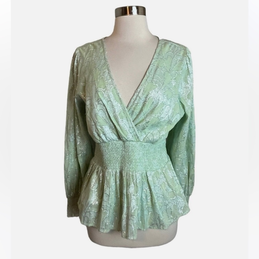 $118 Roller Rabbit Top Mint Green Metallic Jacquard V Neck Long Sleeve S - Picture 3 of 8